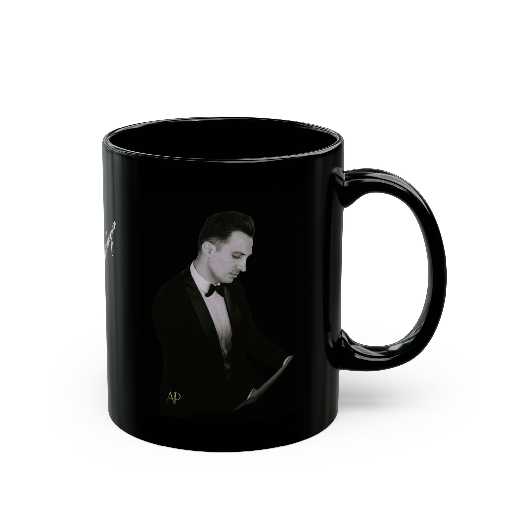 (US Customers) Black Ceramic Mug — Elegant Alexandre Pachabezian Portrait & Signature Design (11oz, 15oz)
