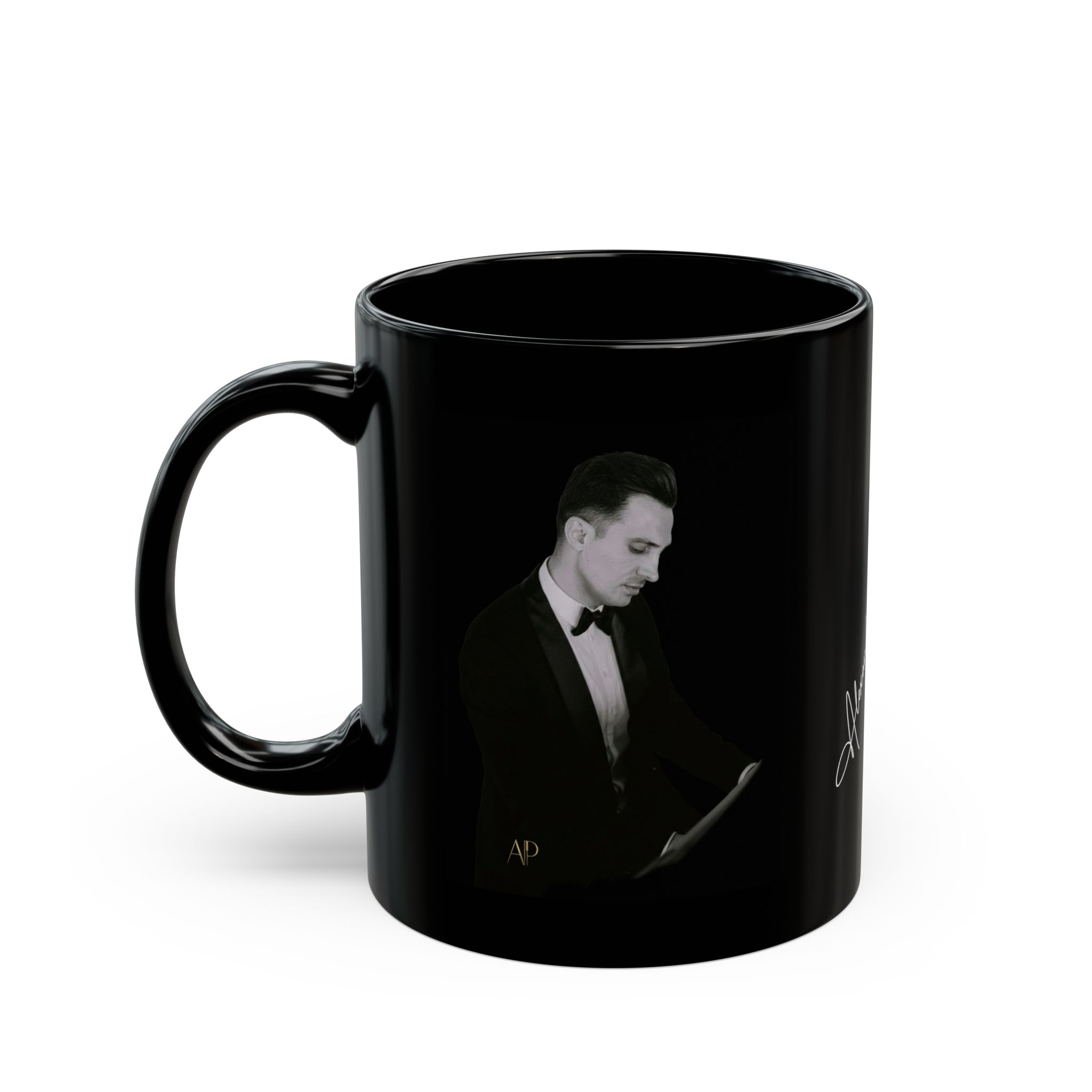 (EUR Customers) Mug en céramique noire — Portrait élégant d’Alexandre Pachabezian & design signature (11oz, 15oz) – Image 3